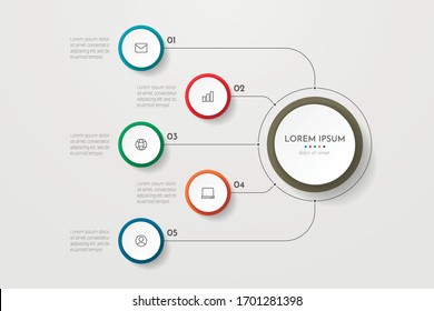 Infographics business process with 5 steps or options circles. Data visualization. Can be used for workflow layout, diagram, banner, web design. Vector illustration.