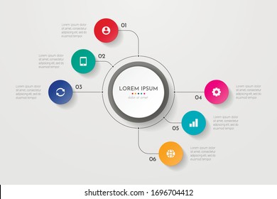 Infographics business process with 6 steps or options circles. Data visualization. Can be used for workflow layout, diagram, banner, web design. Vector illustration.