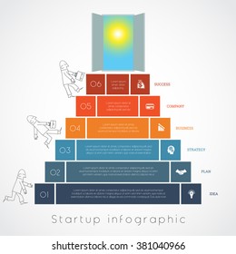 Infographics for Business success startup, businessman steps up ladders and doorway, sky and sun, template six positions, possible to use for workflow, banner, diagram, web design, timeline