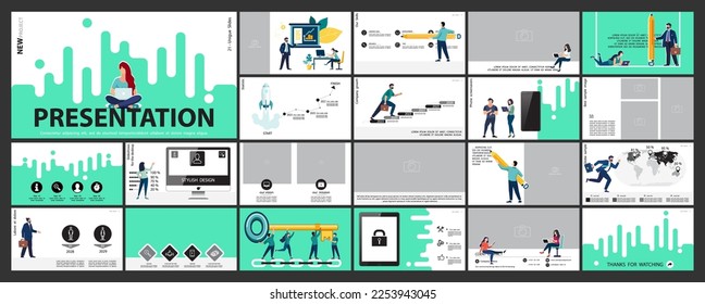 Infografía. El equipo de negocios planifica la presentación del negocio, el éxito financiero, powerpoint, el lanzamiento de un nuevo proyecto. Diseñar elementos de plantilla, fondo, conjunto. Un equipo de personas crea un negocio, trabajo en equipo