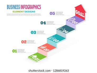 Infographics business template with steps for Presentation, Sale forecast, Web design, Improvement, Step by Step