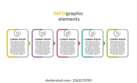 Plantilla de negocio de infografías. Visualización de un proceso de negocios de 5 pasos. Plantilla sencilla de diseño infográfico. Ilustración vectorial plana para presentación, informe.