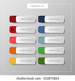 Infographics button template banner set colorful tabs design Illustration vector business card and text box for web presentation layout.