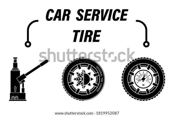 Infographics, car\
repair service. Car jacking up, seasonal tire change, tire pressure\
check. Set of vector\
icons
