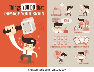 infographics cartoon character about  things done that damage brain