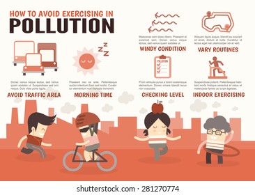 infographics cartoon characters about how to avoid exercising in pollution