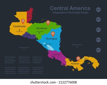 Infographics Central America map, flat design colors, with names of individual states,  blue background with orange points vector