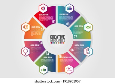 Infographics chart 8 steps options business concept horizontal timeline process template. Vector modern banner used for presentation and workflow layout diagram, web design. world map.