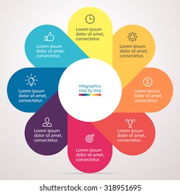 Infographics, chart, graph, diagram with 8 steps, options, parts, processes with petals. Vector business template for presentation and training.