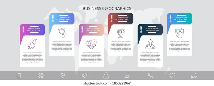 Infographics charts with 6 steps, labels. Vector template used for diagram, business, web, banner, workflow layout, presentations, flowchart, info graph, timeline, levels, chart, processes diagram