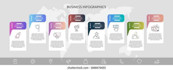 Gráficos de infografía con 8 pasos, etiquetas. Plantilla vectorial utilizada para diagrama, negocio, web, diseño de flujo de trabajo, presentaciones, diagrama de flujo, gráfico de información, línea de tiempo, contenido, niveles, gráfico, diagrama de procesos