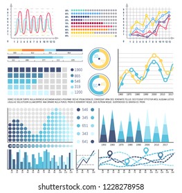 Infographics and charts with curves, data analysis vector. Scheme and pie diagrams with segments and visualization of information. Business concepts