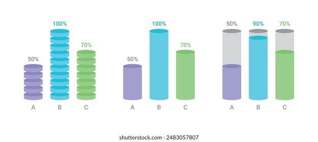 Infographics and charts design template for corporate business presentations, reports, marketing, brochures. Set of 3d three-dimensional circular cylinder bar graph illustrations.