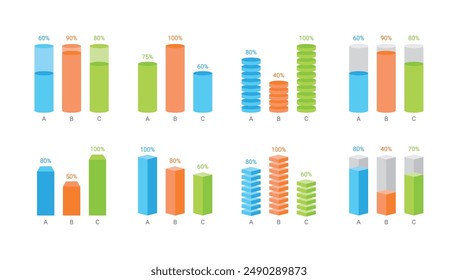 Infografiken und Charts Design Vorlage für Unternehmenspräsentationen, Berichte, Marketing, Broschüren. Satz von 3D dreidimensionalen quadratischen, kreisförmigen, Zylinderbalkendiagramm-Illustrationen.