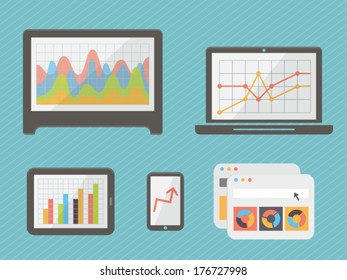 Infographics: charts, graphics and diagrams on computer monitors. Vector illustration