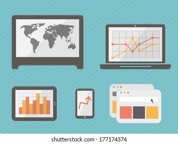Infographics: charts, graphics and map on computer monitors. Vector illustration