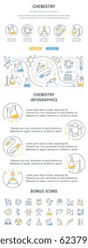 Infographics of chemistry draw in the style flat and line. Concept for web banners and printed materials. Template with buttons for website and landing page.