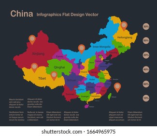 Infografiken China Karte, flache Designfarben, mit Namen einzelner Regionen, blauer Hintergrund mit orangefarbener Vektorillustration