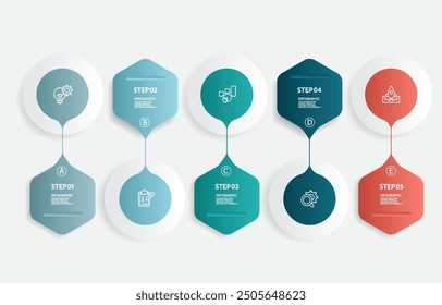 Infografías Círculo y hexágono Globo Línea de tiempo Flujo de trabajo de negocios Informe Fondo de Plantilla con icono de línea de negocio 5 pasos para la Ilustración vectorial de presentación de negocios