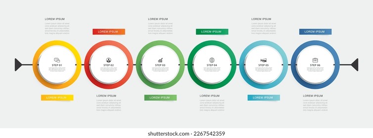 Infographics circle timeline with 6 number data template. Vector illustration abstract background.
