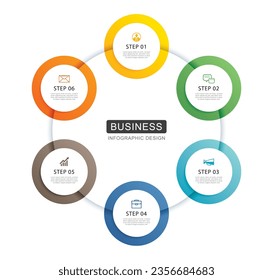 Infographics circle timeline with 6 number data template. Vector illustration abstract background.