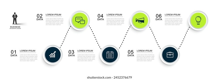 Infographics circle timeline with 6 number data template. Illustration abstract background.