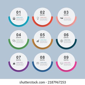 Infographics circle timeline with 9 number data template. Vector illustration abstract background.