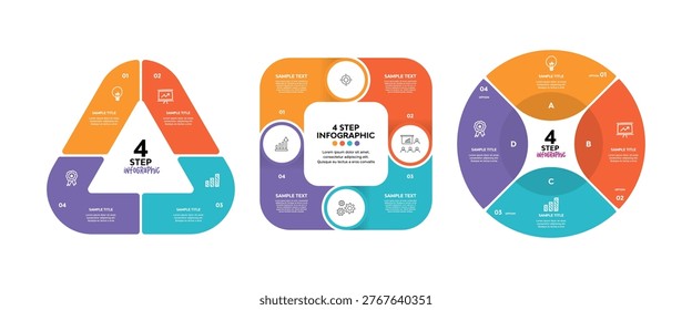 Infographics circle, triangle, square, with 4 options for business presentations, slides, diagrams, charts, banners, posters, web, and annual reports. Vector editable eps