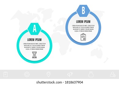 Infographics circles with 2 steps, icons. Flat line vector template. Can be used for two diagrams, business, web, banner, workflow layout, presentations, flowchart