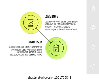 Infographics circles with 2 steps, icons. Flat line vector template. Can be used for two diagrams, business, web, banner, workflow layout, presentations, flowchart
