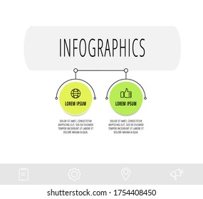 círculos de infografía con 2 pasos, etiquetas. Plantilla de vector de línea. Se puede utilizar para diagrama, negocio, web, banner, diseño de flujo de trabajo, presentaciones, diagrama de flujo, gráfico de información, línea de tiempo, contenido, niveles.