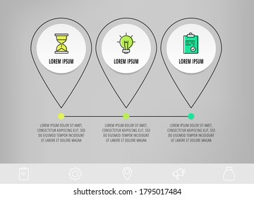 círculos de infografía con 3 pasos, iconos. Plantilla vectorial de línea fija. Se puede utilizar para tres diagramas, negocios, web, banner, gráfico de información, línea de tiempo, contenido, gráfico, diagrama de procesos. Visualización de datos.