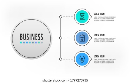 Infographics circles with 3 steps, icons. Flatline vector template. Can be used for three diagrams, business, web, banner, info graph, timeline, content, chart, processes diagram. Data visualization.