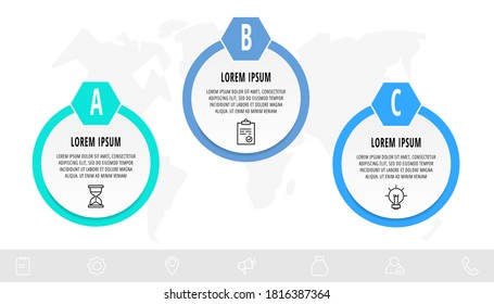 Infographics circles with 3 steps, icons. Flat line vector template. Can be used for three diagrams, business, web, banner, info graph, timeline, content, chart, processes diagram. Data visualization.