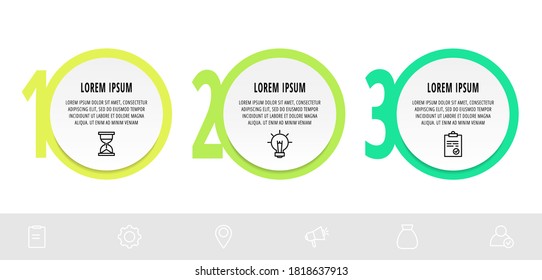 Infographics circles with 3 steps, icons. Flat line vector template. Can be used for three diagrams, business, web, banner, info graph, timeline, content, chart, processes diagram. Data visualization.