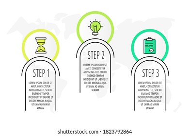 Infographics circles with 3 steps, icons. Flat line vector template. Can be used for three diagrams, business, web, banner, info graph, timeline, content, chart, processes diagram. Data visualization.