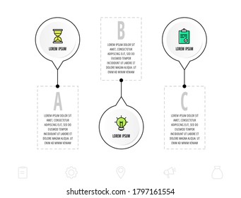 círculos de infografía con 3 pasos, etiquetas. Plantilla vectorial de línea plana. Se puede utilizar para tres diagramas, negocios, web, banner, gráfico de información, línea de tiempo, contenido, diagrama de procesos. Visualización de datos.