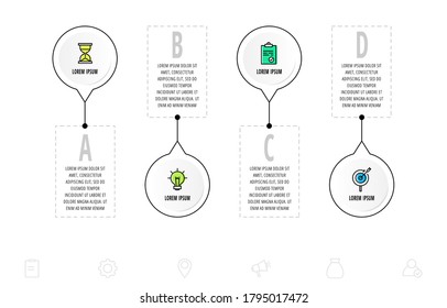 Infographics circles with 4 steps, icons. Flat line vector template. Can be used for four business, web, banner, workflow layout, flowchart, info graph, timeline, content, chart, processes diagram.