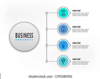 Infographics circles with 4 steps, icons. Flatline vector template. Can be used for four business, web, banner, workflow layout, flowchart, info graph, timeline, content, chart, processes diagram.