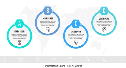 Infografiken kreisen mit 4 Schritten, Symbolen. Flache Vektorvorlage. Kann für vier Business-, Web-, Banner-, Workflow-Layout, Flussdiagramm, Infografik, Zeitlinie, Inhalt, Diagramm, Prozesse Diagramm verwendet werden.