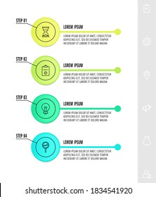 Infographics circles with 4 steps, icons. Flat line vector template. Can be used for four business, web, banner, workflow layout, flowchart, info graph, timeline, content, chart, processes diagram.