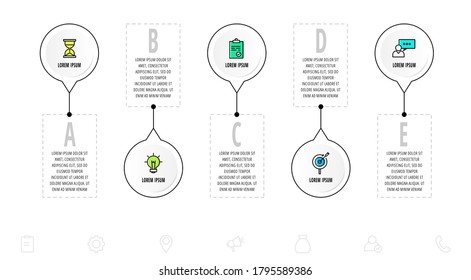 Infografiken kreisen mit 5 Schritten, Etiketten. Flache Vektorvorlage. Kann für fünf Diagramme, Business, Web, Banner, Präsentationen, Flussdiagramm, Infografik, Zeitstrahl, Inhalt, Ebenen, Diagramm verwendet werden