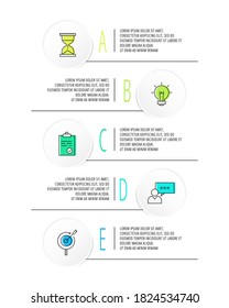 Infographics circles with 5 steps, labels. Flat line vector template. Can be used for five diagrams, business, web, banner, presentations, flowchart, info graph, timeline, content, levels, chart