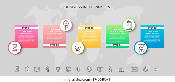 Infographics circles with 5 steps, squares. Vector template used for diagram, business, web, banner, workflow layout, presentations, info graph, timeline, content, levels, chart, processes diagram