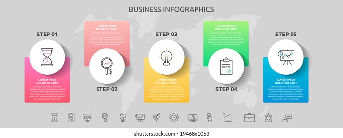Infografiken kreisen mit 5 Schritten, Quadraten. Vektorvorlage, die für Diagramm, Business, Web, Banner, Workflow-Layout, Präsentationen, Infografiken, Zeitstrahl, Inhalt, Ebenen, Diagramm, Prozessdiagramm verwendet wird