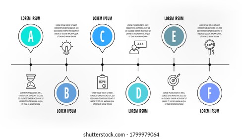 Infographics circles with 6 steps, icons. Flat line vector template. Can be used for six diagrams, business, web, flowchart, info graph, timeline, content, levels, chart. Data visualization.