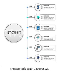 Infographics circles with 6 steps, icons. Flat line vector template. Can be used for six diagrams, business, web, flowchart, info graph, timeline, content, levels, chart. Data visualization.