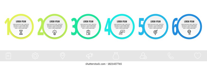 Infographics circles with 6 steps, icons. Flat line vector template. Can be used for six diagrams, business, web, flowchart, info graph, timeline, content, levels, chart. Data visualization.