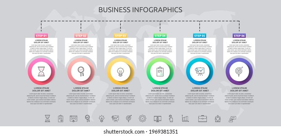 Infographics circles with 6 steps, squares. Vector template used for diagram, business, workflow layout, presentations, flowchart, info graph, timeline, content, levels, chart, processes diagram