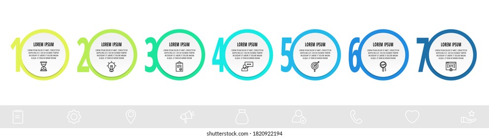 Infographics circles with 7 steps, icons. Flat line vector template. Can be used for seven business, web, workflow layout, flowchart, info graph, chart, processes diagram. Data visualization.